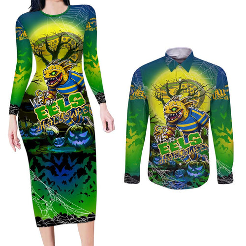 We Are Eels Halloween Couples Matching Long Sleeve Bodycon Dress and Long Sleeve Button Shirt Pumpkin Scary Spooky Season - Aussie Hoodie