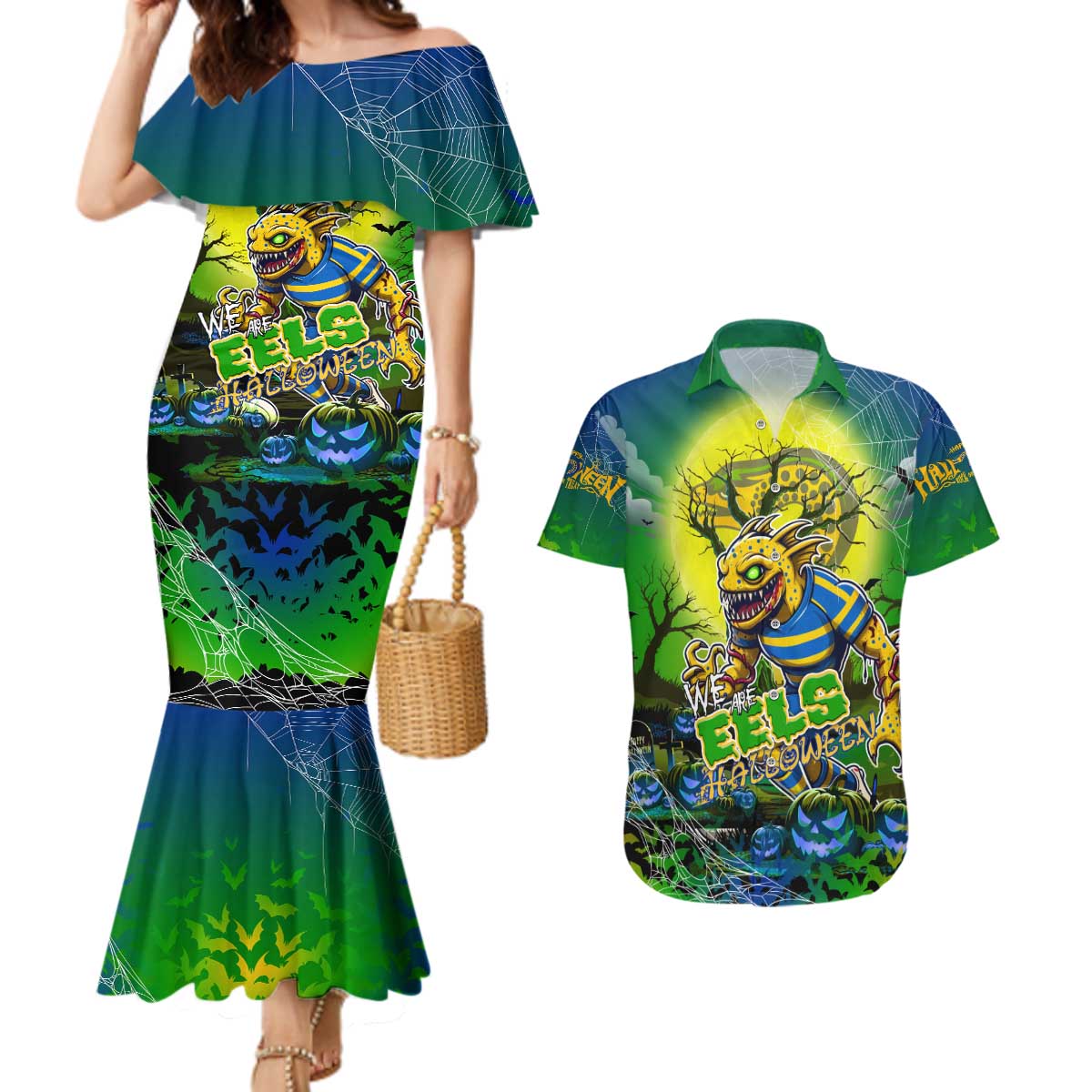 We Are Eels Halloween Couples Matching Mermaid Dress and Hawaiian Shirt Pumpkin Scary Spooky Season - Aussie Hoodie