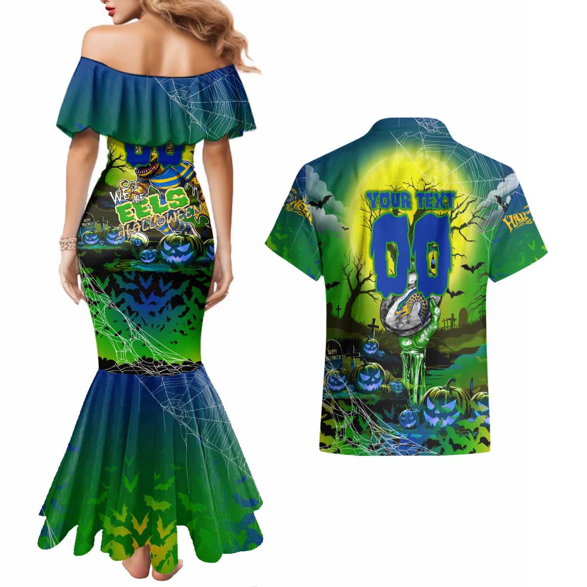 We Are Eels Halloween Couples Matching Mermaid Dress and Hawaiian Shirt Pumpkin Scary Spooky Season - Aussie Hoodie
