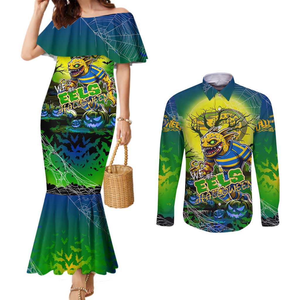 We Are Eels Halloween Couples Matching Mermaid Dress and Long Sleeve Button Shirt Pumpkin Scary Spooky Season - Aussie Hoodie