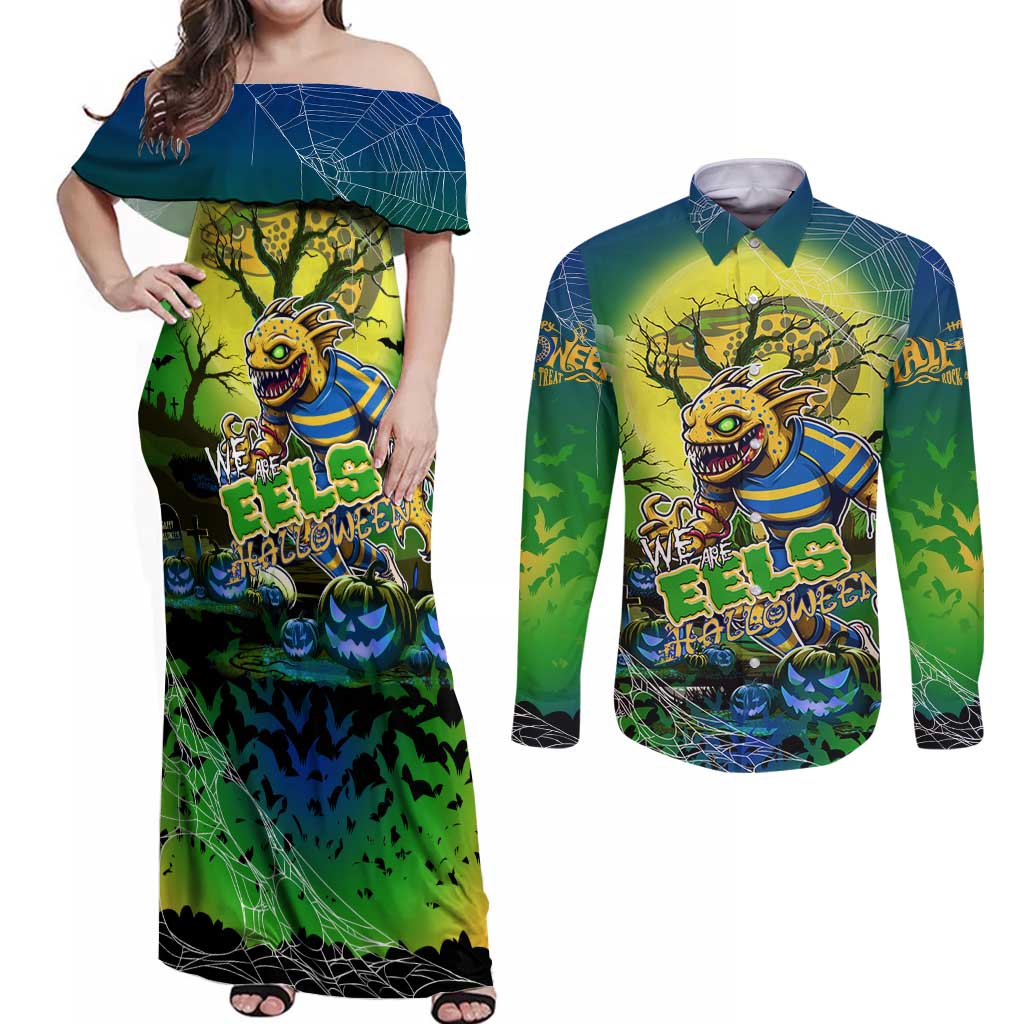 We Are Eels Halloween Couples Matching Off Shoulder Maxi Dress and Long Sleeve Button Shirt Pumpkin Scary Spooky Season - Aussie Hoodie