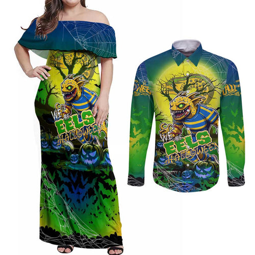 We Are Eels Halloween Couples Matching Off Shoulder Maxi Dress and Long Sleeve Button Shirt Pumpkin Scary Spooky Season - Aussie Hoodie