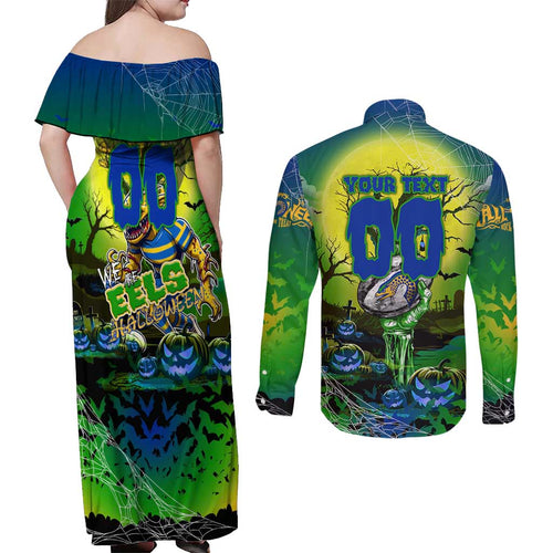 We Are Eels Halloween Couples Matching Off Shoulder Maxi Dress and Long Sleeve Button Shirt Pumpkin Scary Spooky Season - Aussie Hoodie
