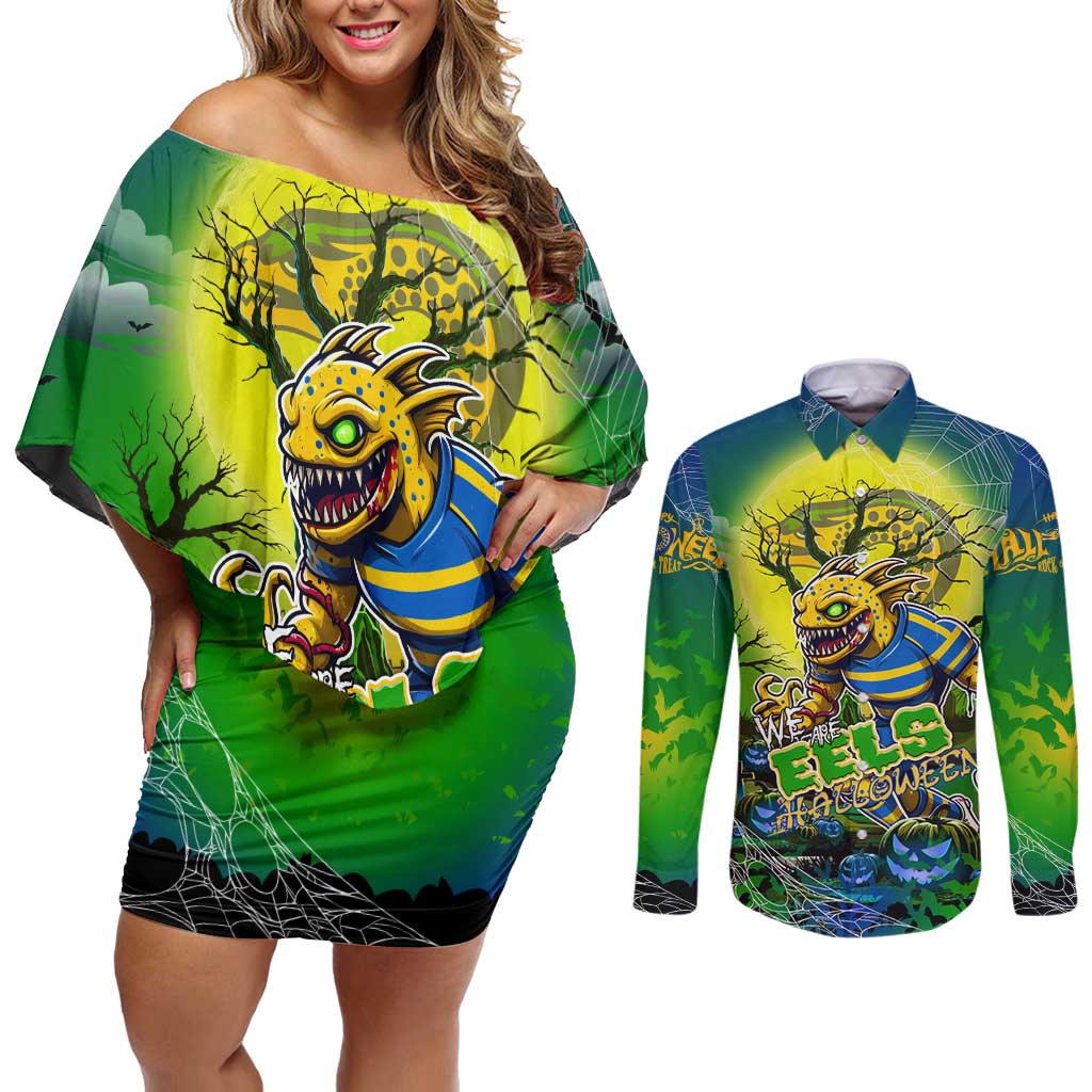 We Are Eels Halloween Couples Matching Off Shoulder Short Dress and Long Sleeve Button Shirt Pumpkin Scary Spooky Season - Aussie Hoodie