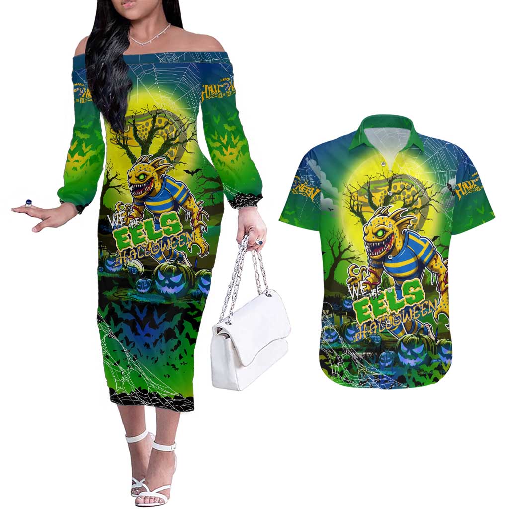 We Are Eels Halloween Couples Matching Off The Shoulder Long Sleeve Dress and Hawaiian Shirt Pumpkin Scary Spooky Season - Aussie Hoodie