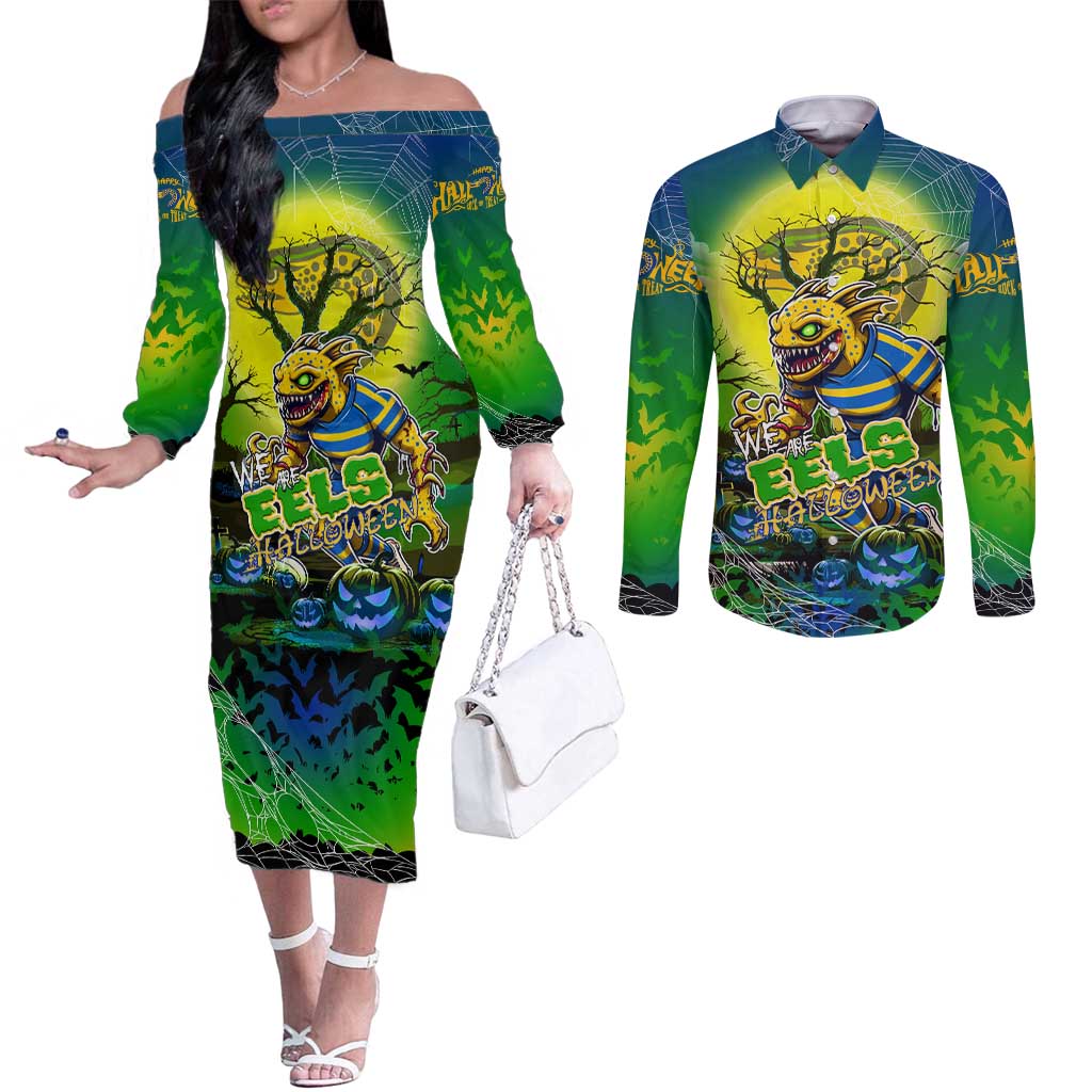 We Are Eels Halloween Couples Matching Off The Shoulder Long Sleeve Dress and Long Sleeve Button Shirt Pumpkin Scary Spooky Season - Aussie Hoodie