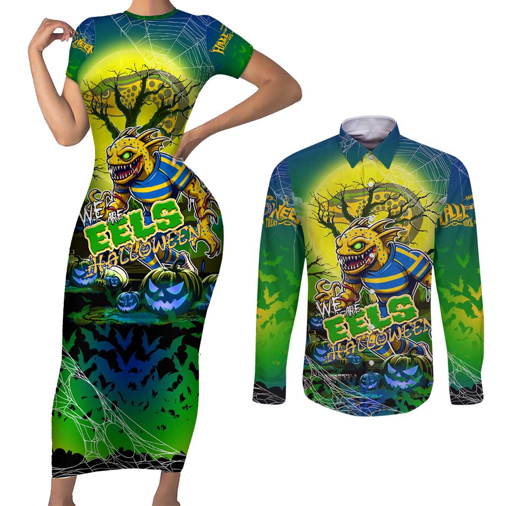 We Are Eels Halloween Couples Matching Short Sleeve Bodycon Dress and Long Sleeve Button Shirt Pumpkin Scary Spooky Season - Aussie Hoodie