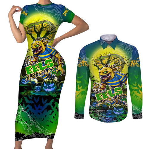 We Are Eels Halloween Couples Matching Short Sleeve Bodycon Dress and Long Sleeve Button Shirt Pumpkin Scary Spooky Season - Aussie Hoodie