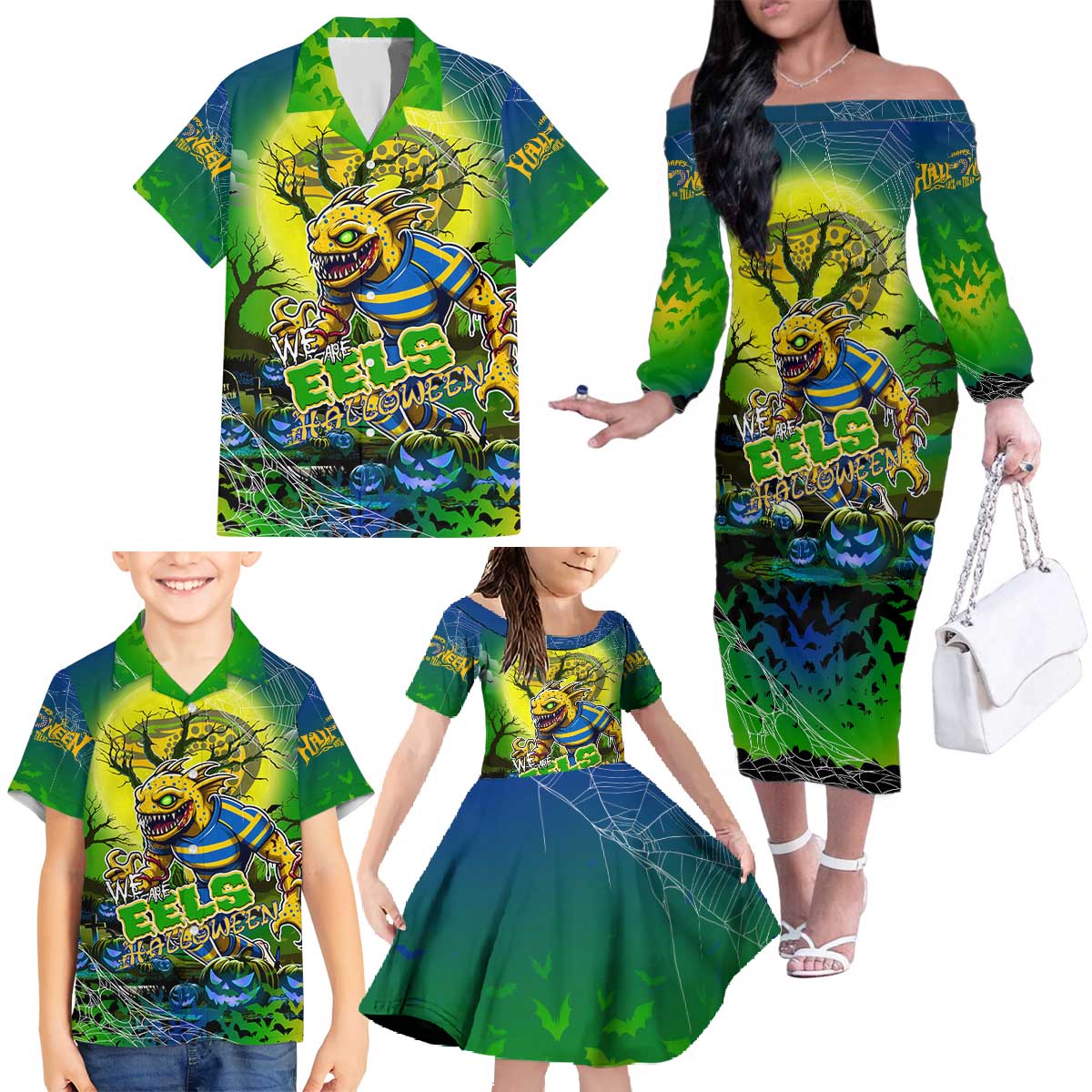 We Are Eels Halloween Family Matching Off The Shoulder Long Sleeve Dress and Hawaiian Shirt Pumpkin Scary Spooky Season - Aussie Hoodie
