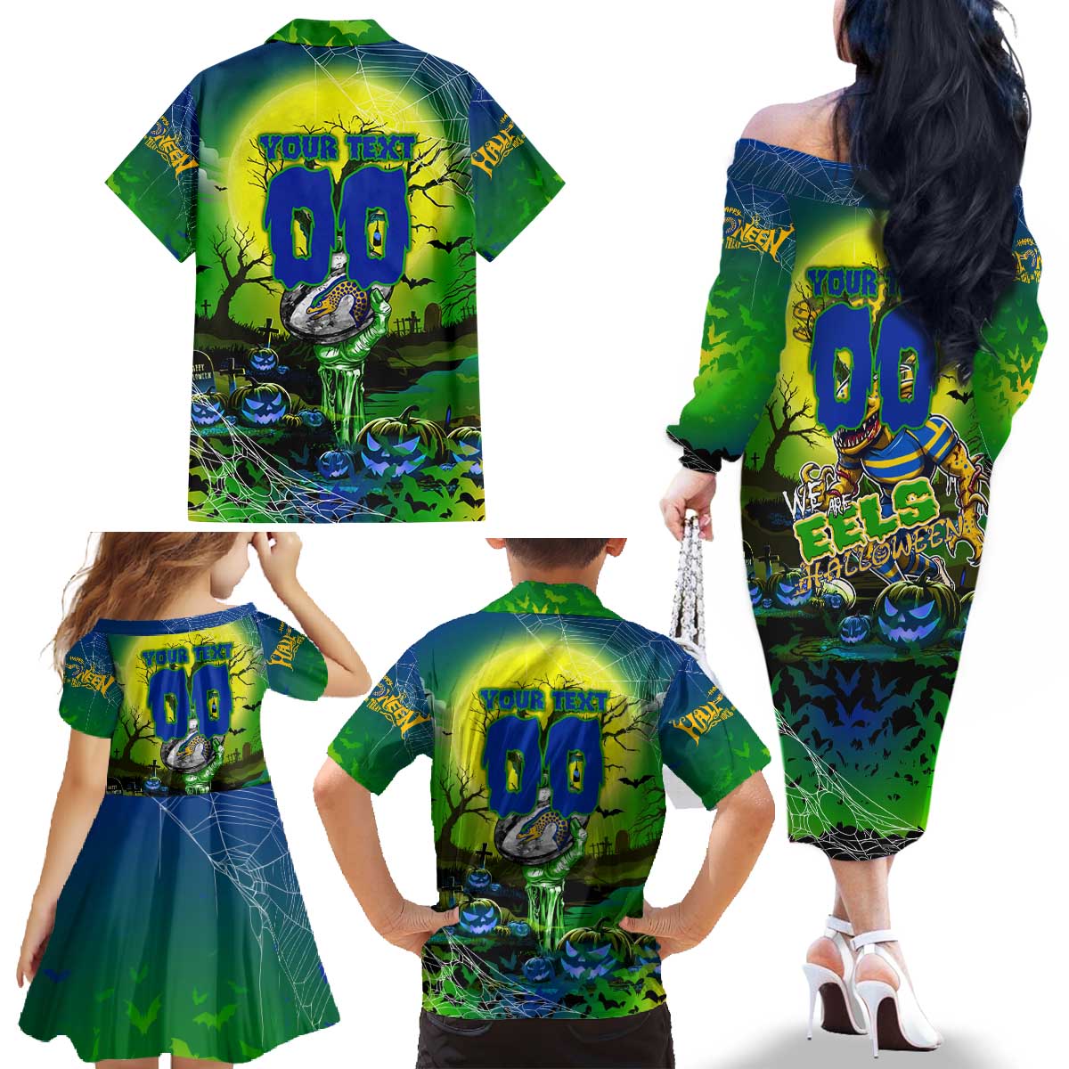 We Are Eels Halloween Family Matching Off The Shoulder Long Sleeve Dress and Hawaiian Shirt Pumpkin Scary Spooky Season - Aussie Hoodie