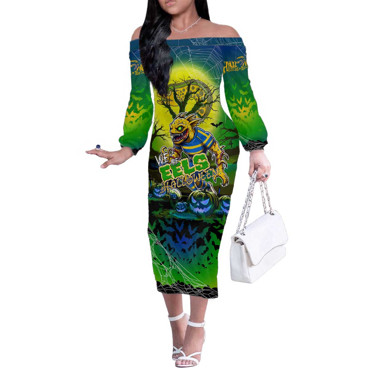 We Are Eels Halloween Family Matching Off The Shoulder Long Sleeve Dress and Hawaiian Shirt Pumpkin Scary Spooky Season - Aussie Hoodie