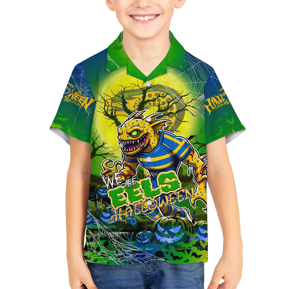 We Are Eels Halloween Family Matching Off The Shoulder Long Sleeve Dress and Hawaiian Shirt Pumpkin Scary Spooky Season - Aussie Hoodie