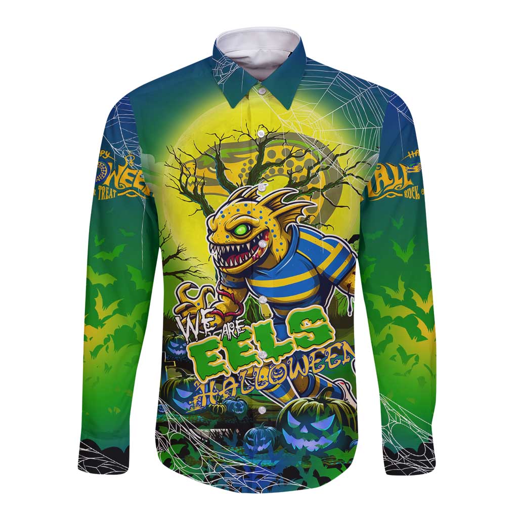 We Are Eels Halloween Long Sleeve Button Shirt Pumpkin Scary Spooky Season - Aussie Hoodie