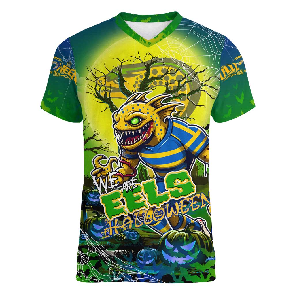 We Are Eels Halloween Women V-Neck T-Shirt Pumpkin Scary Spooky Season - Aussie Hoodie