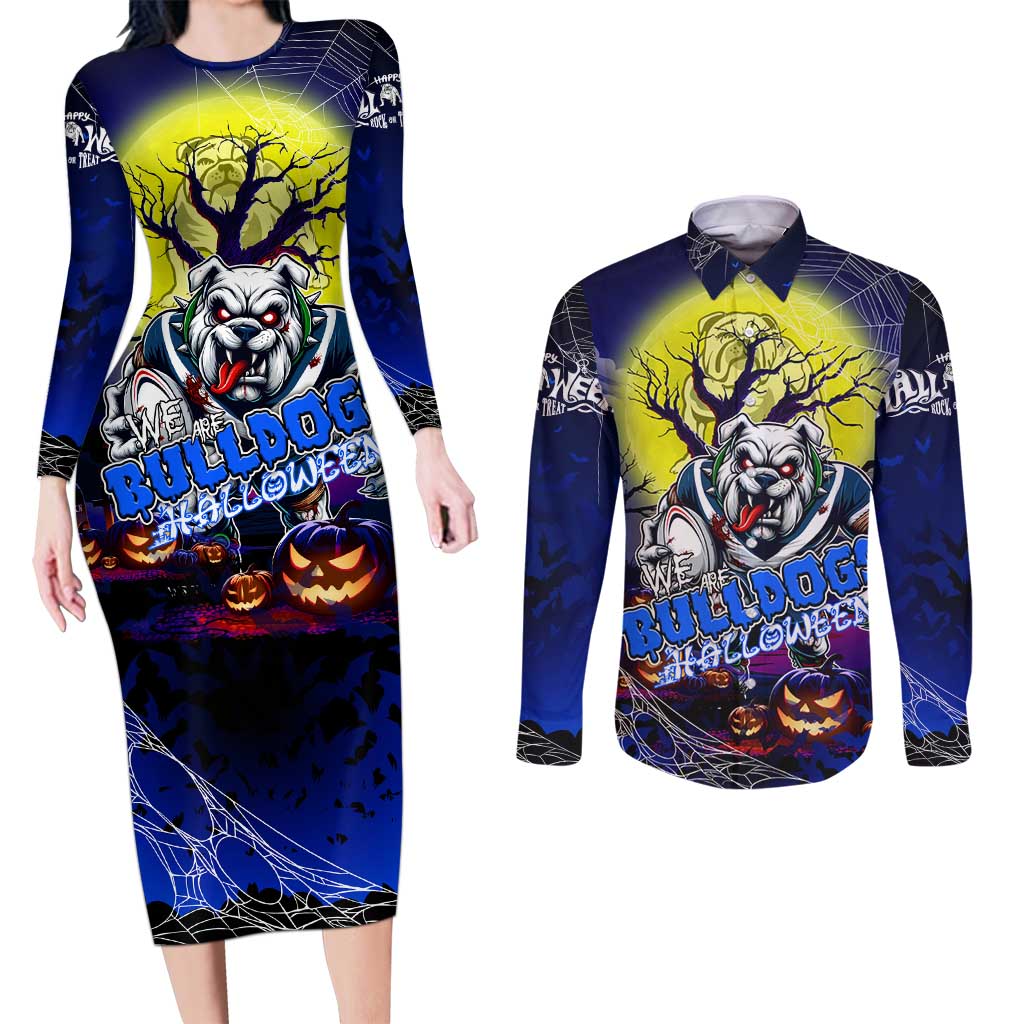 We Are Bulldogs Halloween Couples Matching Long Sleeve Bodycon Dress and Long Sleeve Button Shirt Pumpkin Scary Spooky Season - Aussie Hoodie