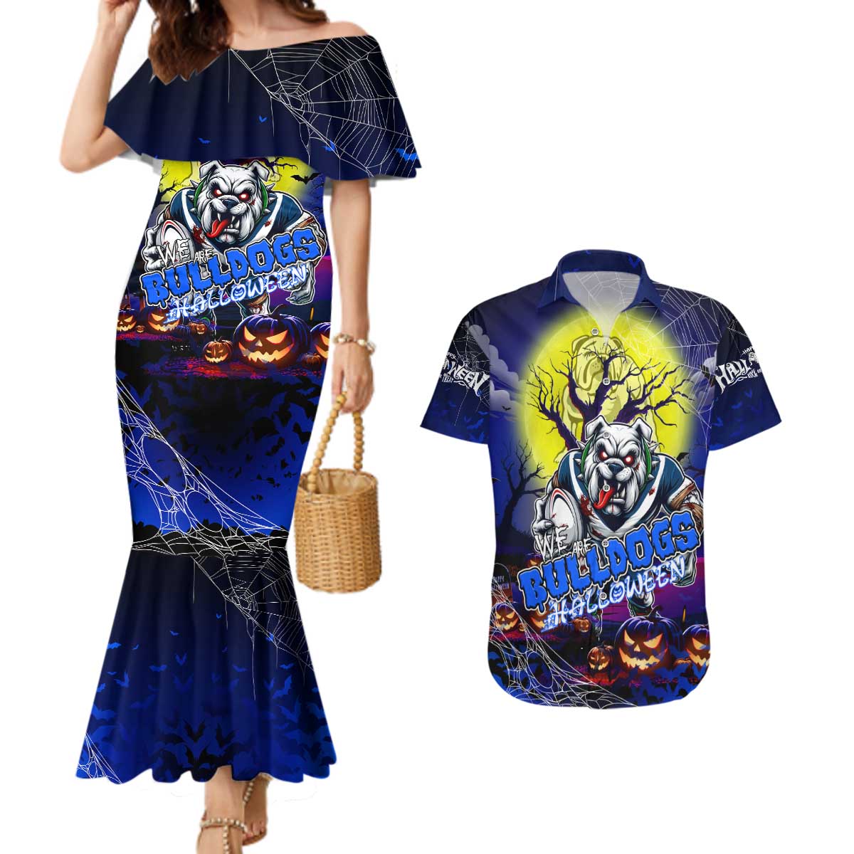 We Are Bulldogs Halloween Couples Matching Mermaid Dress and Hawaiian Shirt Pumpkin Scary Spooky Season - Aussie Hoodie