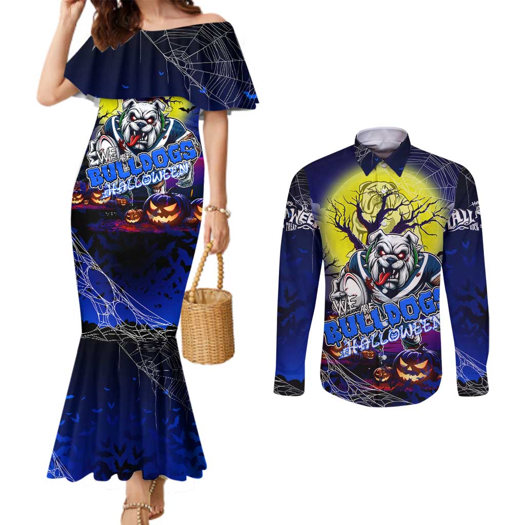 We Are Bulldogs Halloween Couples Matching Mermaid Dress and Long Sleeve Button Shirt Pumpkin Scary Spooky Season - Aussie Hoodie