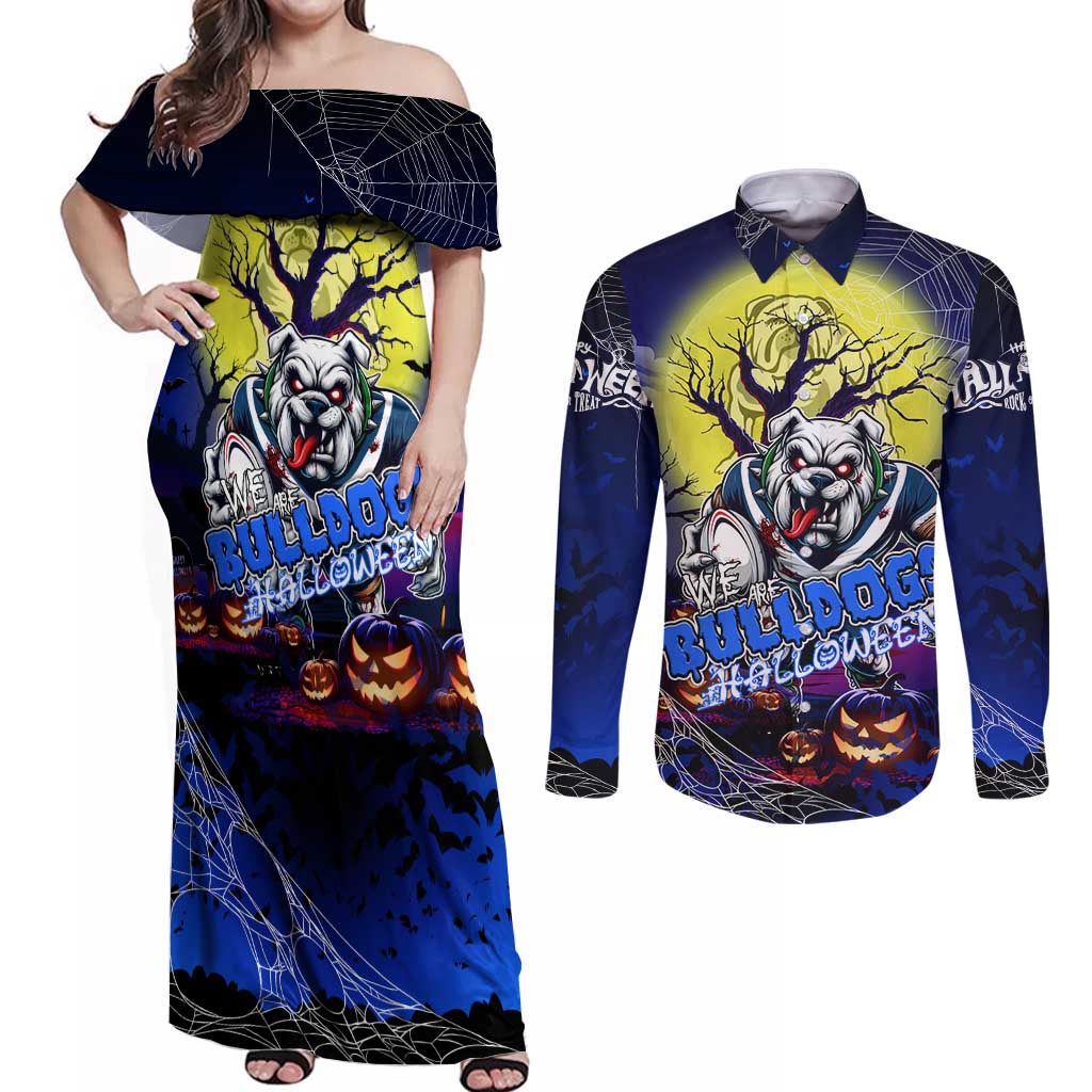 We Are Bulldogs Halloween Couples Matching Off Shoulder Maxi Dress and Long Sleeve Button Shirt Pumpkin Scary Spooky Season - Aussie Hoodie