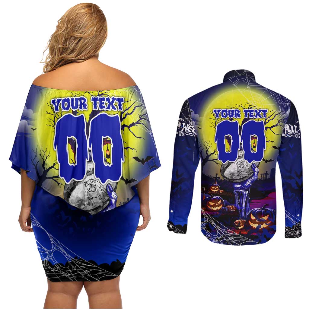 We Are Bulldogs Halloween Couples Matching Off Shoulder Short Dress and Long Sleeve Button Shirt Pumpkin Scary Spooky Season - Aussie Hoodie