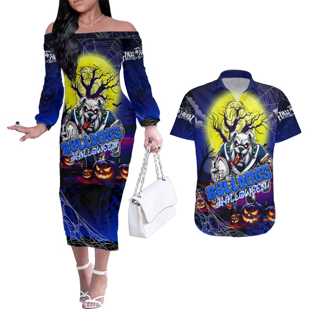 We Are Bulldogs Halloween Couples Matching Off The Shoulder Long Sleeve Dress and Hawaiian Shirt Pumpkin Scary Spooky Season - Aussie Hoodie