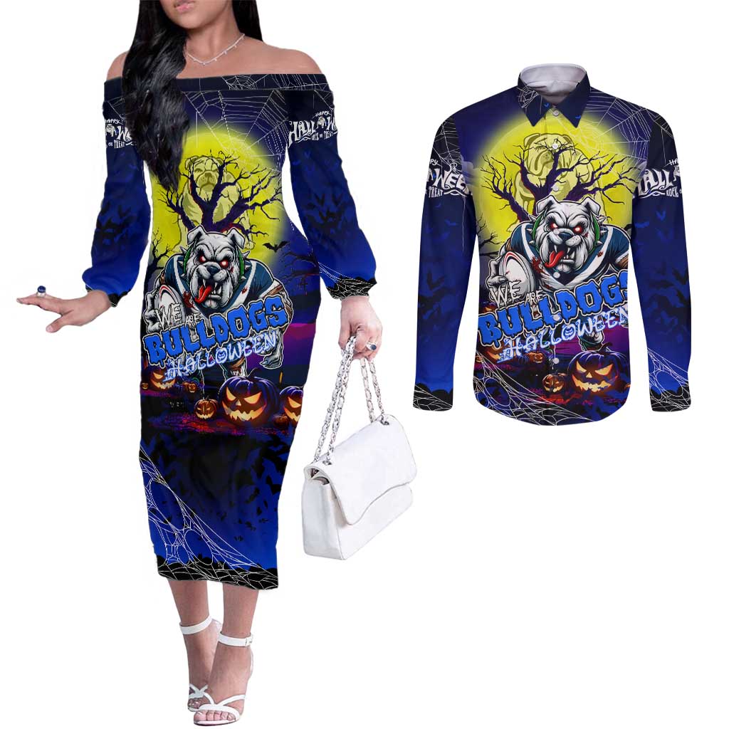 We Are Bulldogs Halloween Couples Matching Off The Shoulder Long Sleeve Dress and Long Sleeve Button Shirt Pumpkin Scary Spooky Season - Aussie Hoodie