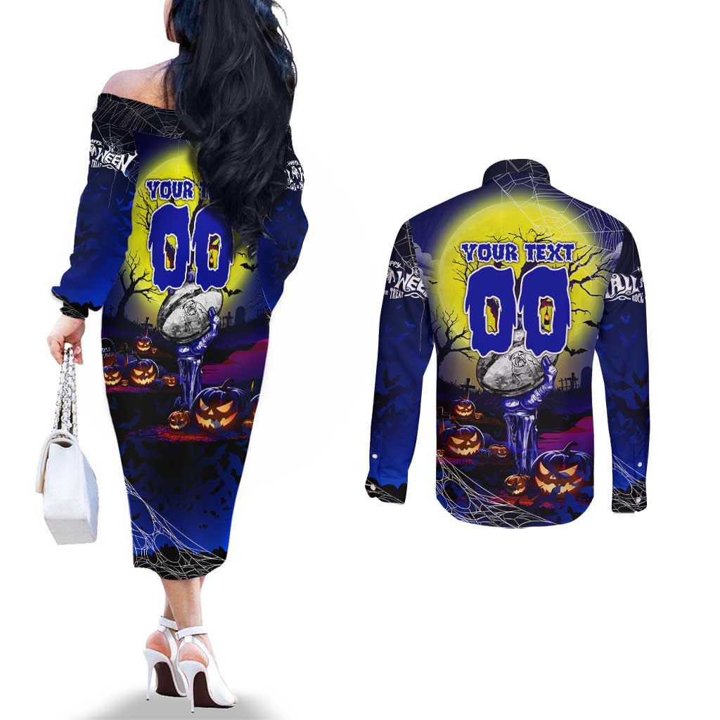 We Are Bulldogs Halloween Couples Matching Off The Shoulder Long Sleeve Dress and Long Sleeve Button Shirt Pumpkin Scary Spooky Season - Aussie Hoodie