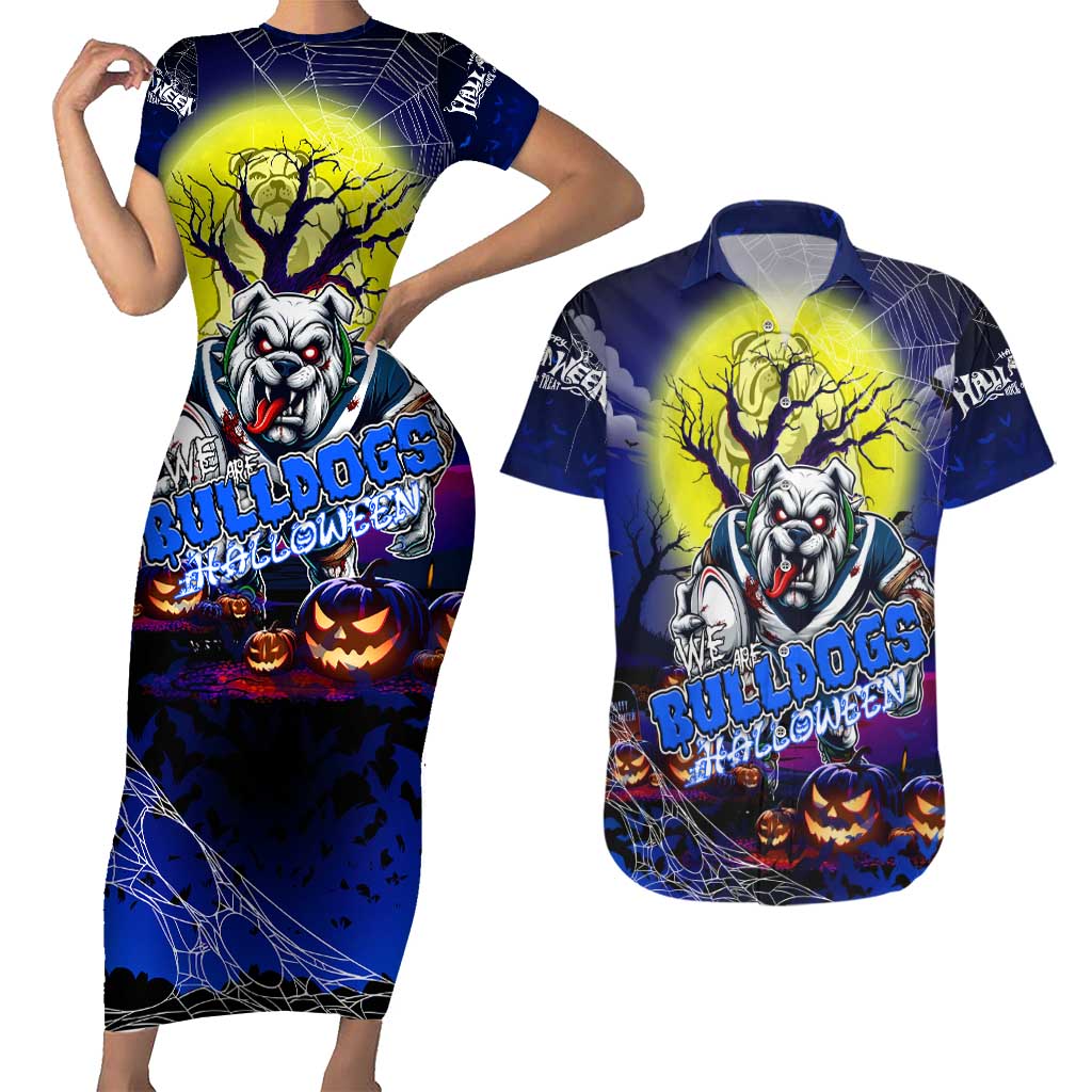 We Are Bulldogs Halloween Couples Matching Short Sleeve Bodycon Dress and Hawaiian Shirt Pumpkin Scary Spooky Season - Aussie Hoodie