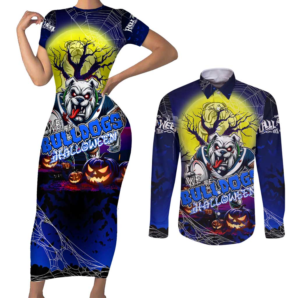 We Are Bulldogs Halloween Couples Matching Short Sleeve Bodycon Dress and Long Sleeve Button Shirt Pumpkin Scary Spooky Season - Aussie Hoodie