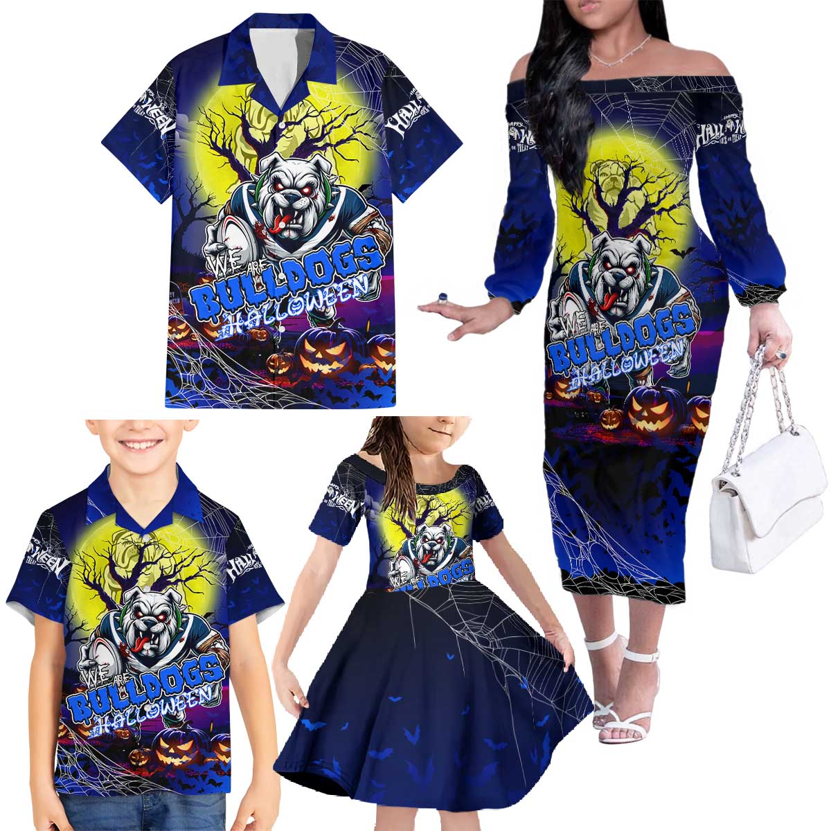 We Are Bulldogs Halloween Family Matching Off The Shoulder Long Sleeve Dress and Hawaiian Shirt Pumpkin Scary Spooky Season - Aussie Hoodie