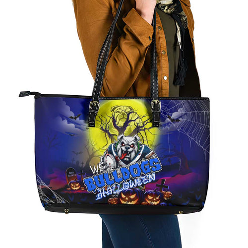 We Are Bulldogs Halloween Leather Tote Bag Pumpkin Scary Spooky Season - Aussie Hoodie