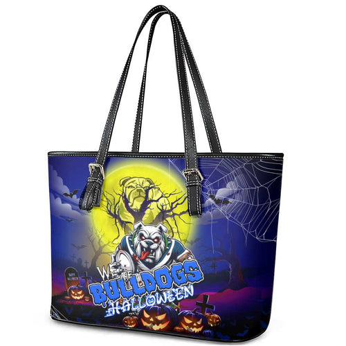 We Are Bulldogs Halloween Leather Tote Bag Pumpkin Scary Spooky Season - Aussie Hoodie