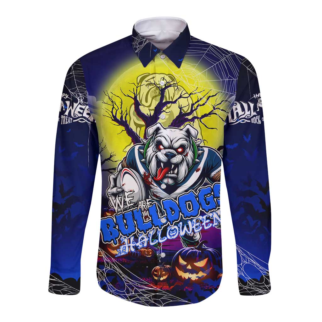 We Are Bulldogs Halloween Long Sleeve Button Shirt Pumpkin Scary Spooky Season - Aussie Hoodie