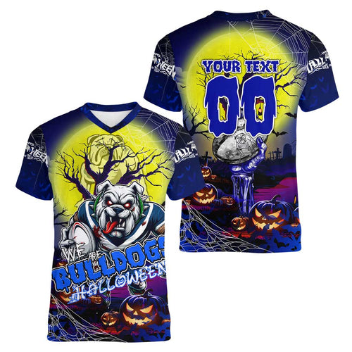 We Are Bulldogs Halloween Women V-Neck T-Shirt Pumpkin Scary Spooky Season - Aussie Hoodie