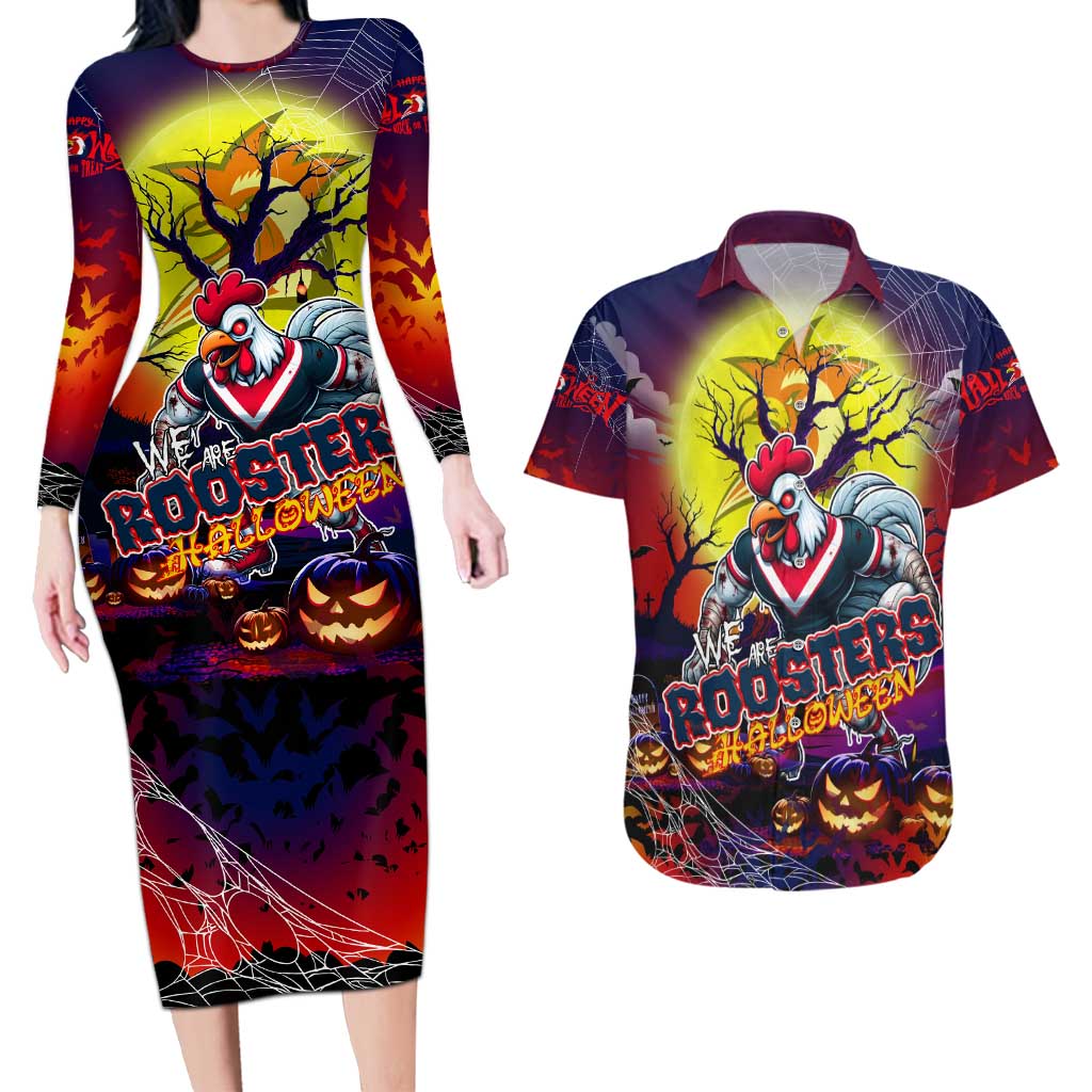 We Are Roosters Halloween Couples Matching Long Sleeve Bodycon Dress and Hawaiian Shirt Pumpkin Scary Spooky Season - Aussie Hoodie