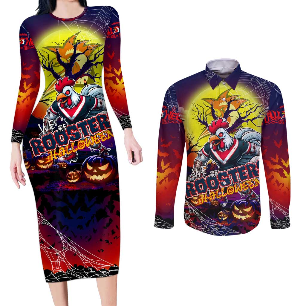 We Are Roosters Halloween Couples Matching Long Sleeve Bodycon Dress and Long Sleeve Button Shirt Pumpkin Scary Spooky Season - Aussie Hoodie