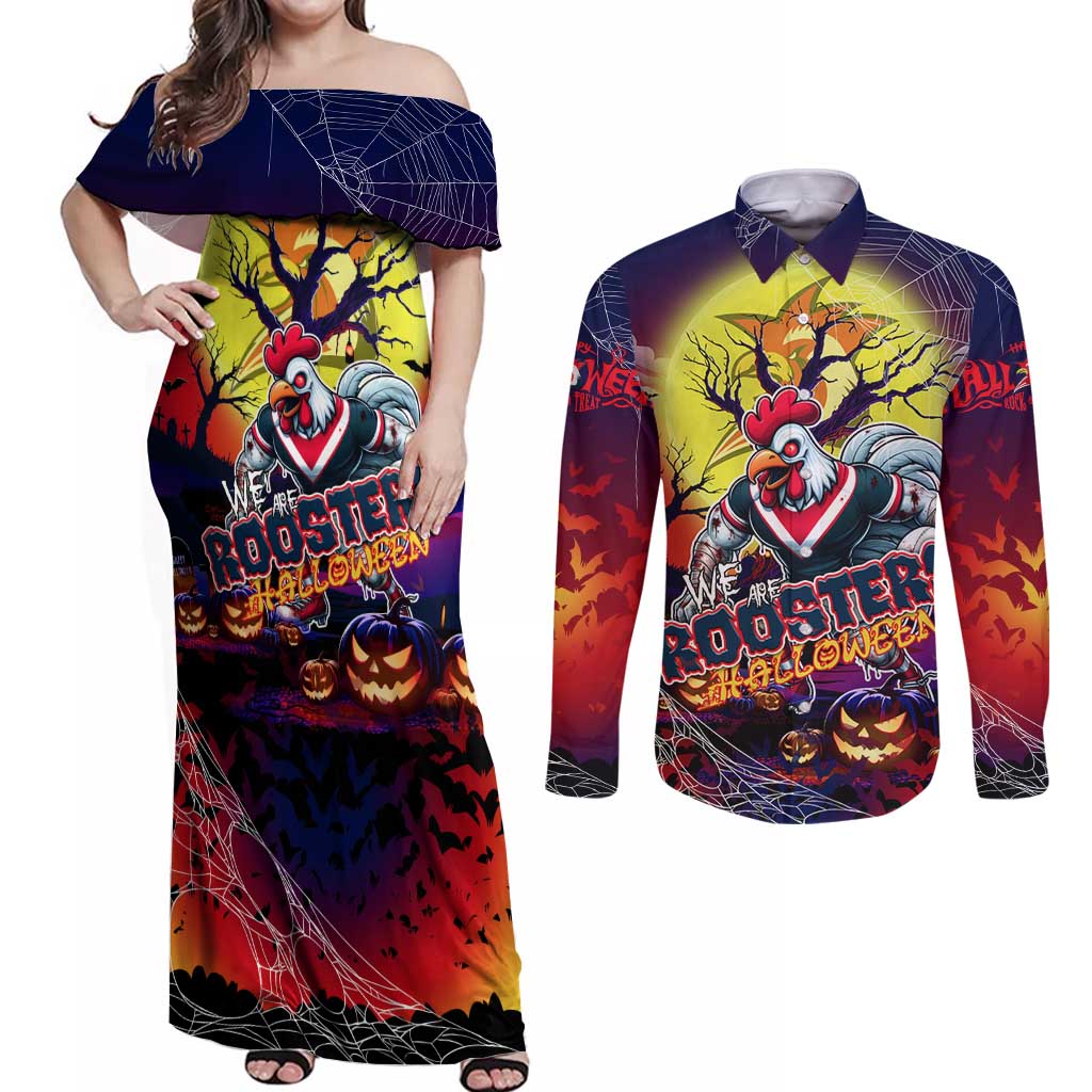 We Are Roosters Halloween Couples Matching Off Shoulder Maxi Dress and Long Sleeve Button Shirt Pumpkin Scary Spooky Season - Aussie Hoodie