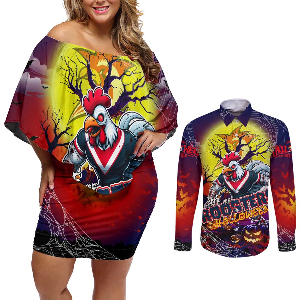 We Are Roosters Halloween Couples Matching Off Shoulder Short Dress and Long Sleeve Button Shirt Pumpkin Scary Spooky Season - Aussie Hoodie
