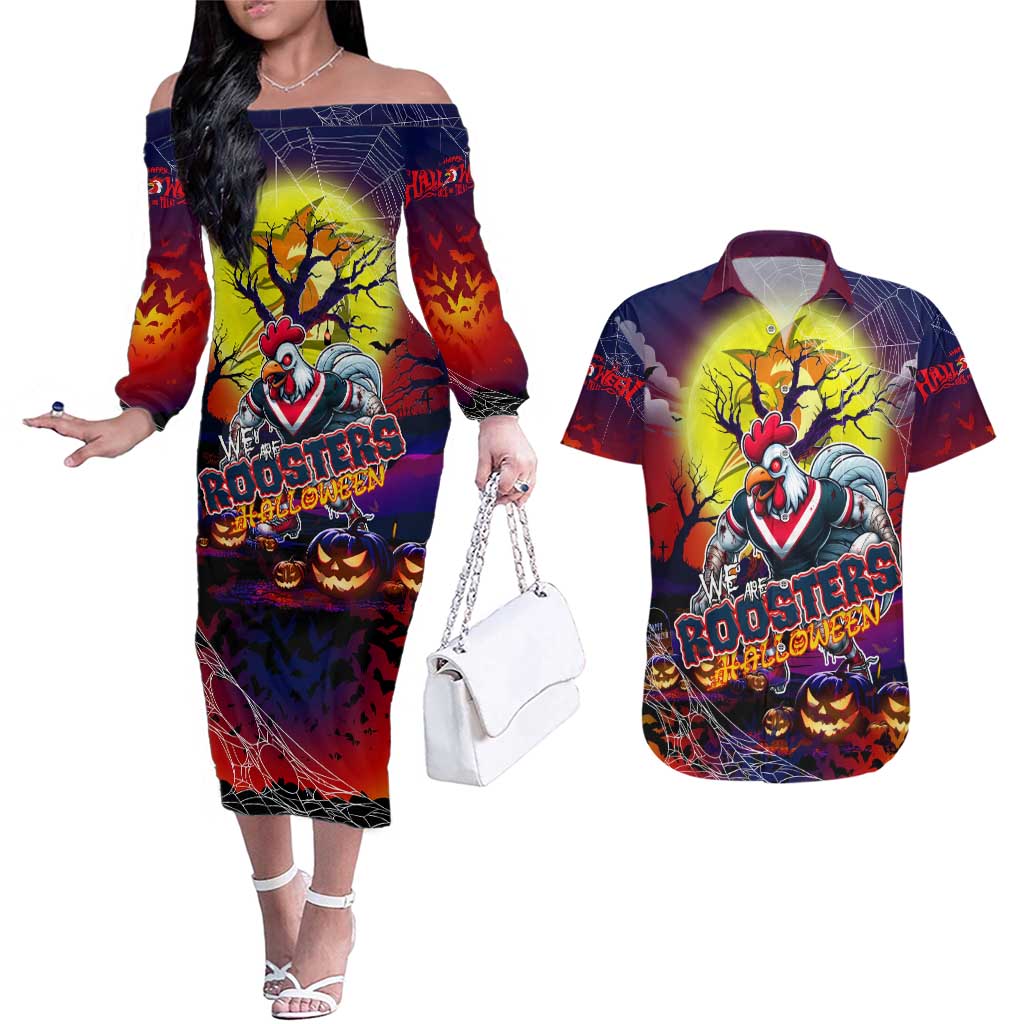We Are Roosters Halloween Couples Matching Off The Shoulder Long Sleeve Dress and Hawaiian Shirt Pumpkin Scary Spooky Season - Aussie Hoodie