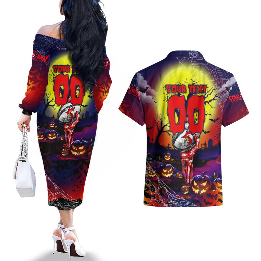 We Are Roosters Halloween Couples Matching Off The Shoulder Long Sleeve Dress and Hawaiian Shirt Pumpkin Scary Spooky Season - Aussie Hoodie