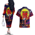We Are Roosters Halloween Couples Matching Off The Shoulder Long Sleeve Dress and Hawaiian Shirt Pumpkin Scary Spooky Season - Aussie Hoodie