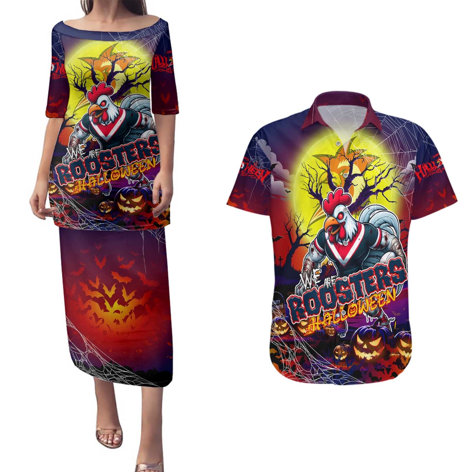 We Are Roosters Halloween Couples Matching Puletasi and Hawaiian Shirt Pumpkin Scary Spooky Season - Aussie Hoodie