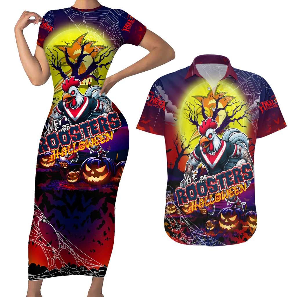 We Are Roosters Halloween Couples Matching Short Sleeve Bodycon Dress and Hawaiian Shirt Pumpkin Scary Spooky Season - Aussie Hoodie