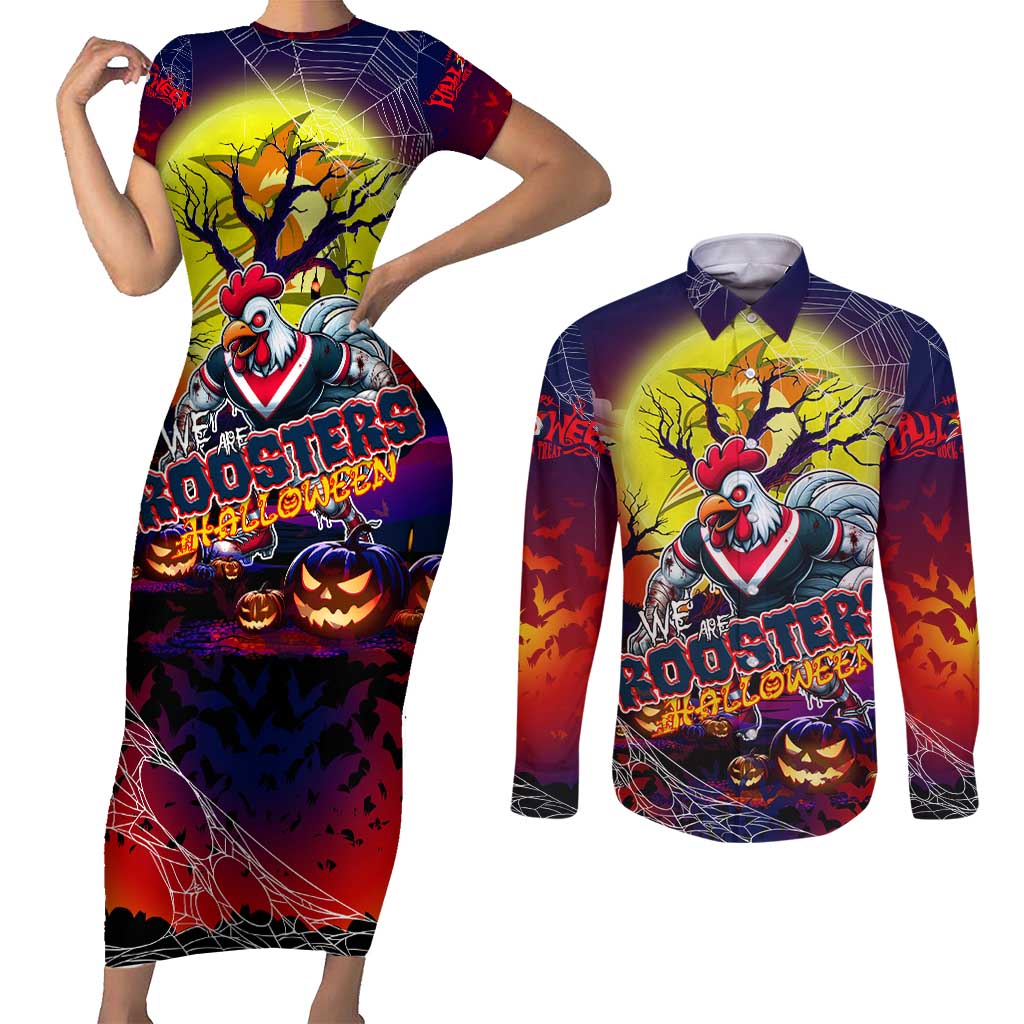 We Are Roosters Halloween Couples Matching Short Sleeve Bodycon Dress and Long Sleeve Button Shirt Pumpkin Scary Spooky Season - Aussie Hoodie