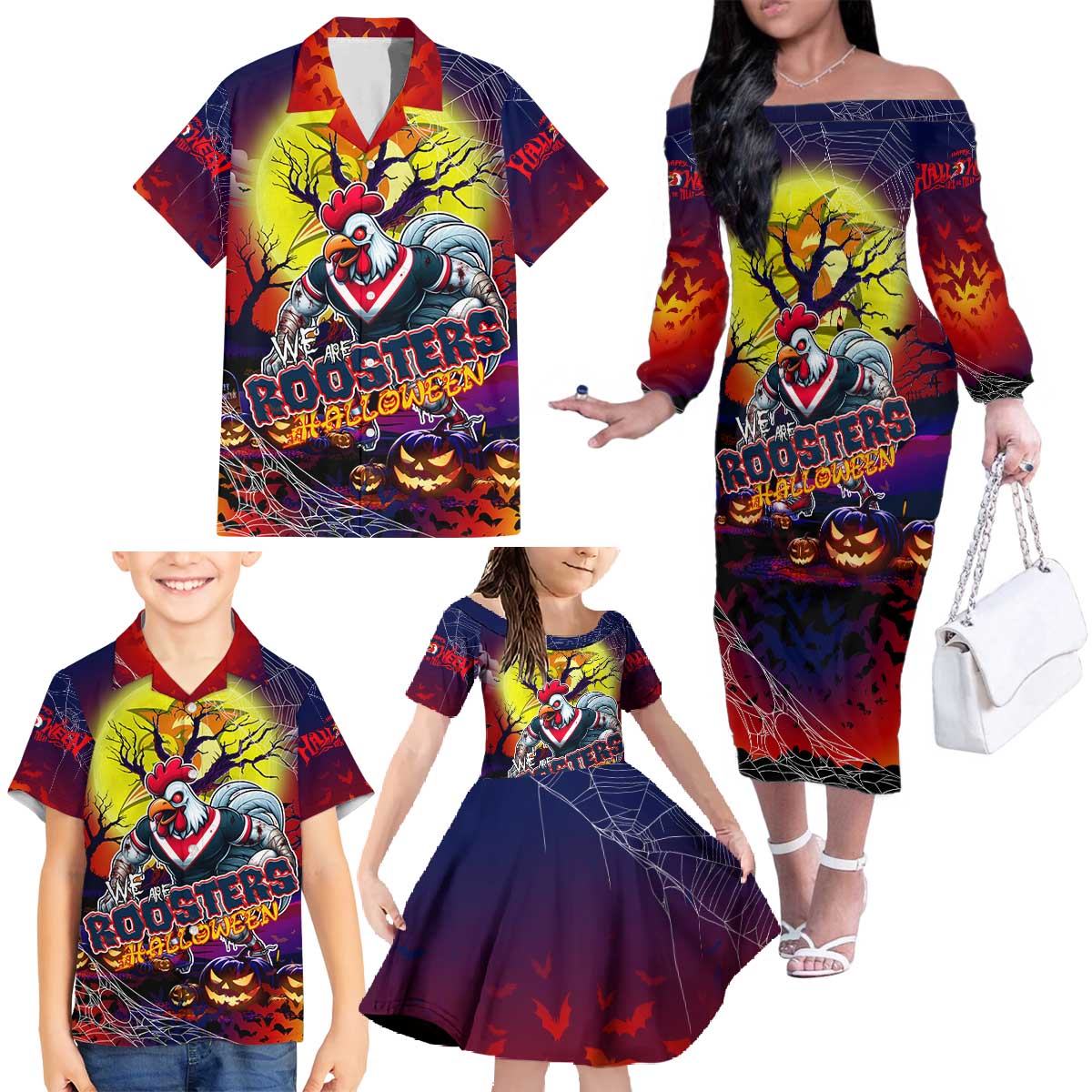 We Are Roosters Halloween Family Matching Off The Shoulder Long Sleeve Dress and Hawaiian Shirt Pumpkin Scary Spooky Season - Aussie Hoodie