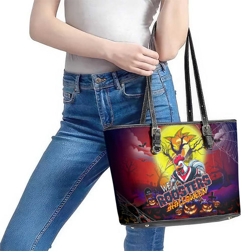 We Are Roosters Halloween Leather Tote Bag Pumpkin Scary Spooky Season - Aussie Hoodie