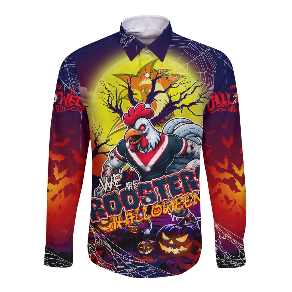 We Are Roosters Halloween Long Sleeve Button Shirt Pumpkin Scary Spooky Season - Aussie Hoodie