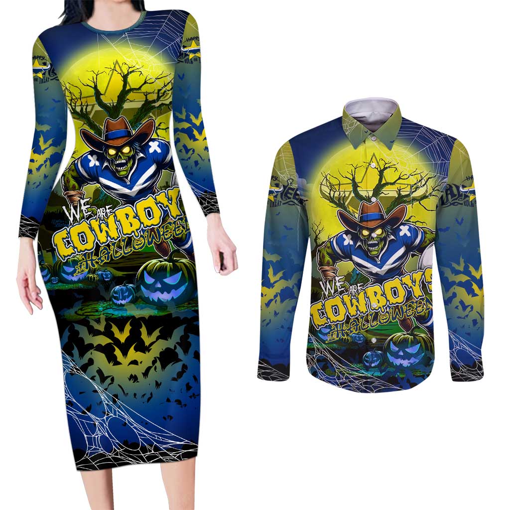 We Are Cowboys Halloween Couples Matching Long Sleeve Bodycon Dress and Long Sleeve Button Shirt Pumpkin Scary Spooky Season - Aussie Hoodie