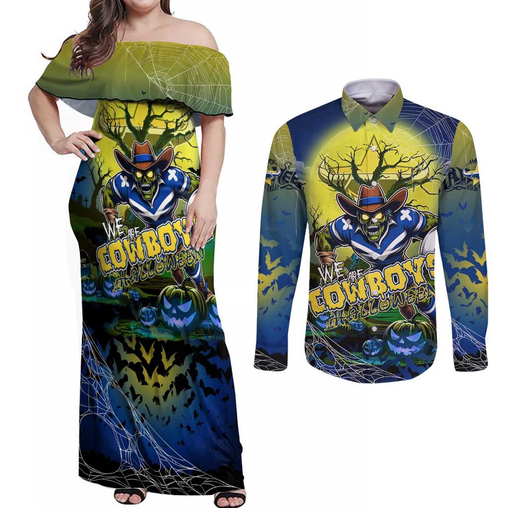 We Are Cowboys Halloween Couples Matching Off Shoulder Maxi Dress and Long Sleeve Button Shirt Pumpkin Scary Spooky Season - Aussie Hoodie