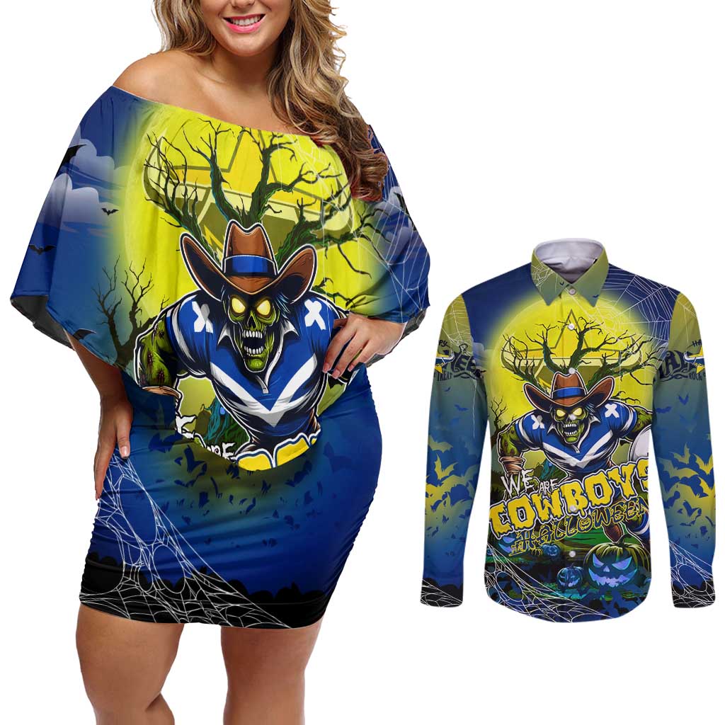 We Are Cowboys Halloween Couples Matching Off Shoulder Short Dress and Long Sleeve Button Shirt Pumpkin Scary Spooky Season - Aussie Hoodie