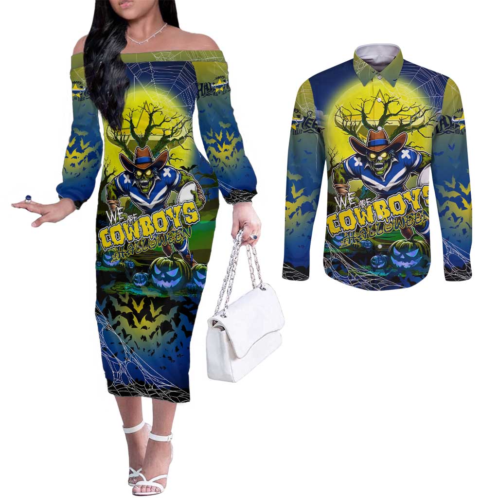 We Are Cowboys Halloween Couples Matching Off The Shoulder Long Sleeve Dress and Long Sleeve Button Shirt Pumpkin Scary Spooky Season - Aussie Hoodie